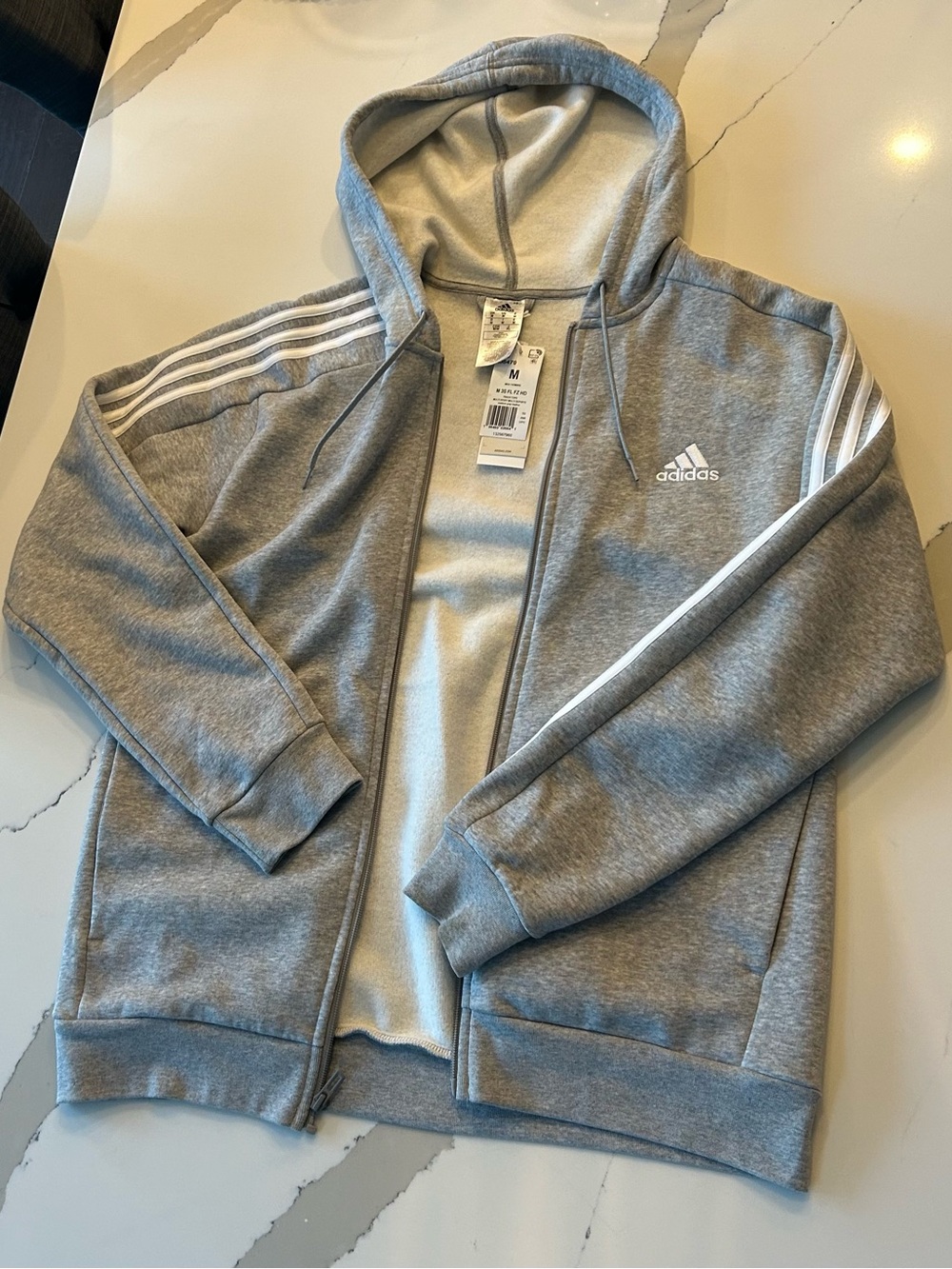Adidas Unisex Grey Hooded Zip Sweatshirt with White Stripes